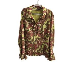 Milano Woman Blouse Pink Green Paisley Ruffle Sleeve Sheer Top Sz 1X Romantic
